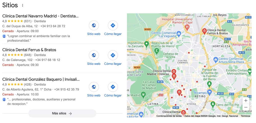 Búsqueda dentista Madrid en Google
